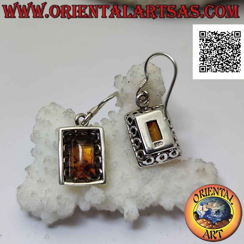 Pendientes de palanca de plata con ámbar cabujón rectangular y marco perforado