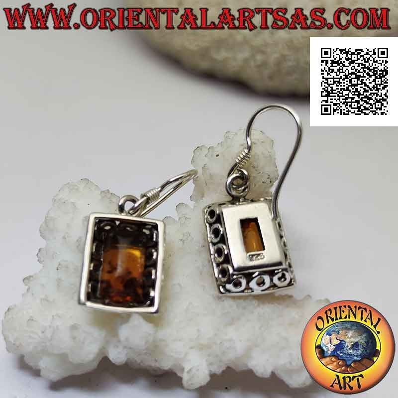 Silver leverback earrings with rectangular cabochon amber and perforated frame