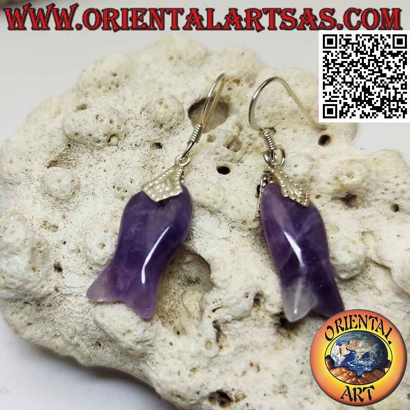 Silberne Hakenohrringe mit hakenförmigem fischförmigem Amethyst