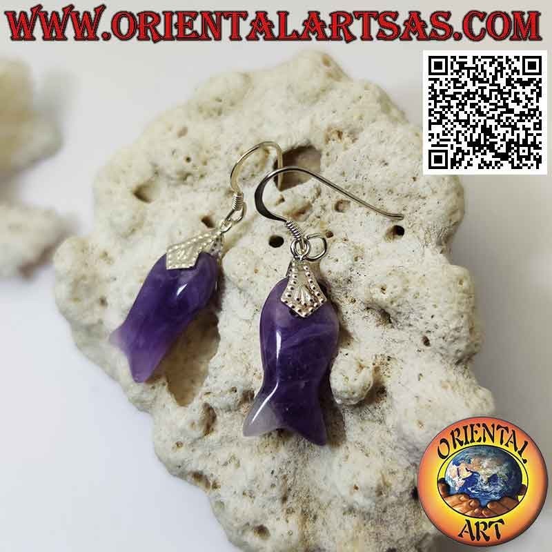 Pendientes de gancho de plata con amatista en forma de pez en forma de gancho