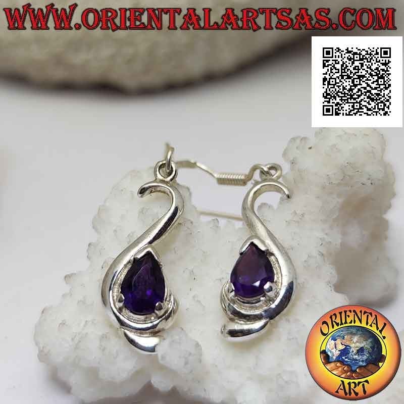 Silver leverback earrings, smooth "S" with drop-shaped amethyst set at the bottom