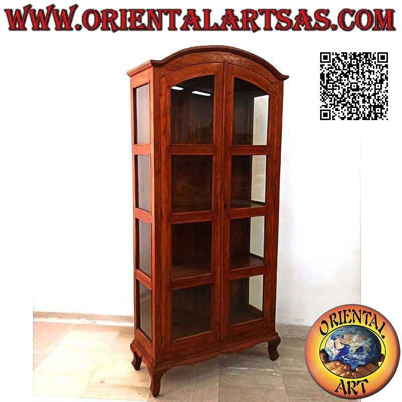 Vitrina alta con puerta doble y cuatro estantes con tapa curvada en madera de teca