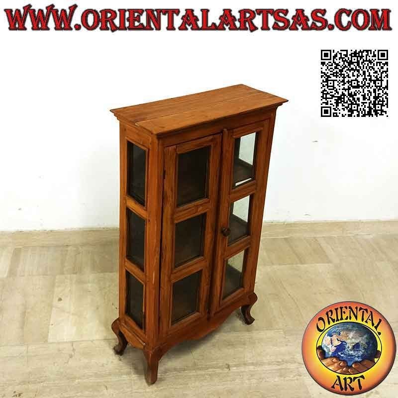 Rectangular showcase with double door and three shelves with curved feet in teak wood