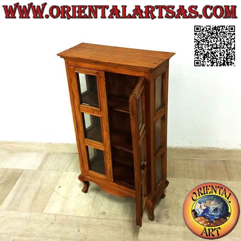 Vitrina rectangular con puerta doble y tres baldas con patas curvas en madera de teca