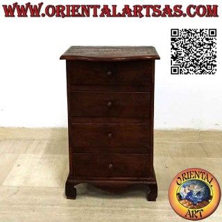High bedside table with four drawers and curved feet in teak wood