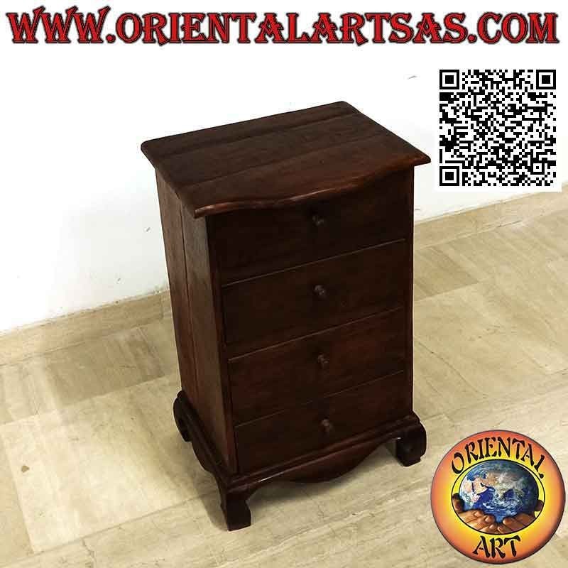 High bedside table with four drawers and curved feet in teak wood