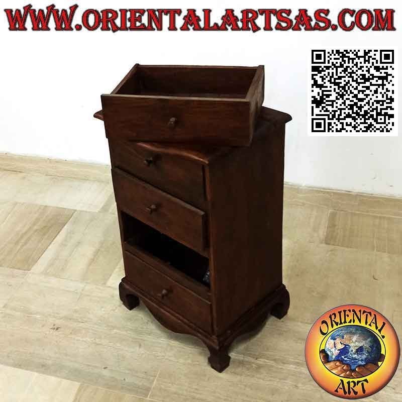 High bedside table with four drawers and curved feet in teak wood