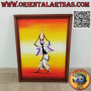 Hand painted picture on wood in Sahara style, "The woman dewatering (water carrier) in the desert"