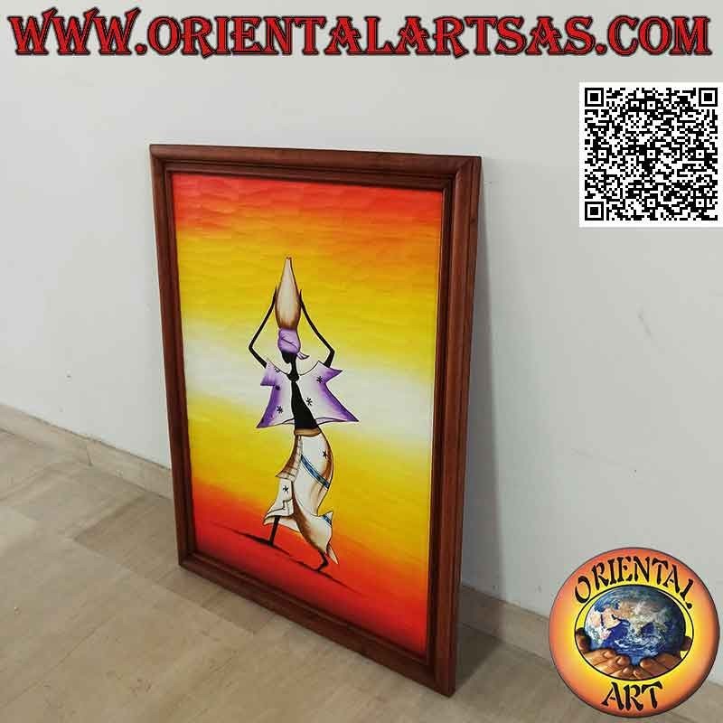 Cuadro pintado a mano sobre madera en estilo saharaui, "La mujer deshidratando (portadora de agua) en el desierto"