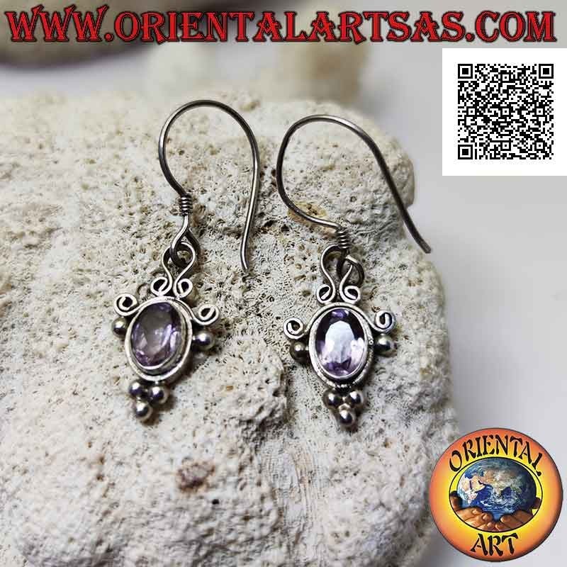 Boucles d'oreilles à levier en argent avec améthyste ovale facettée entourée de lignes courbes et de boules