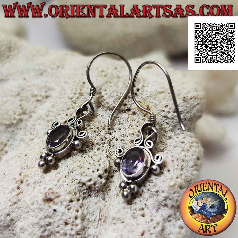 Boucles d'oreilles à levier en argent avec améthyste ovale facettée entourée de lignes courbes et de boules