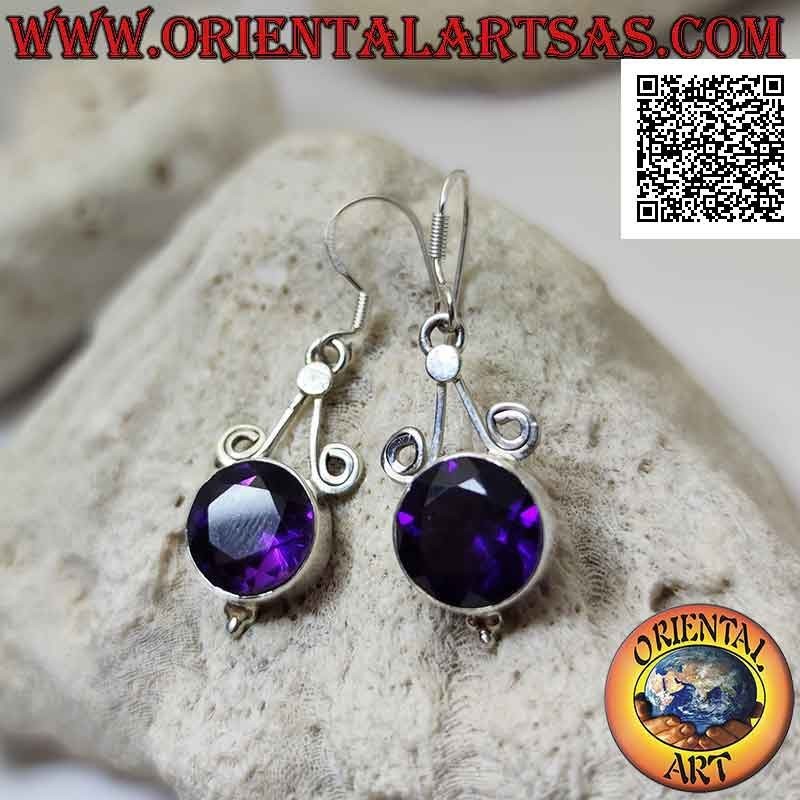 Silver leverback earrings with round faceted amethyst hooked to two and with trio of balls underneath