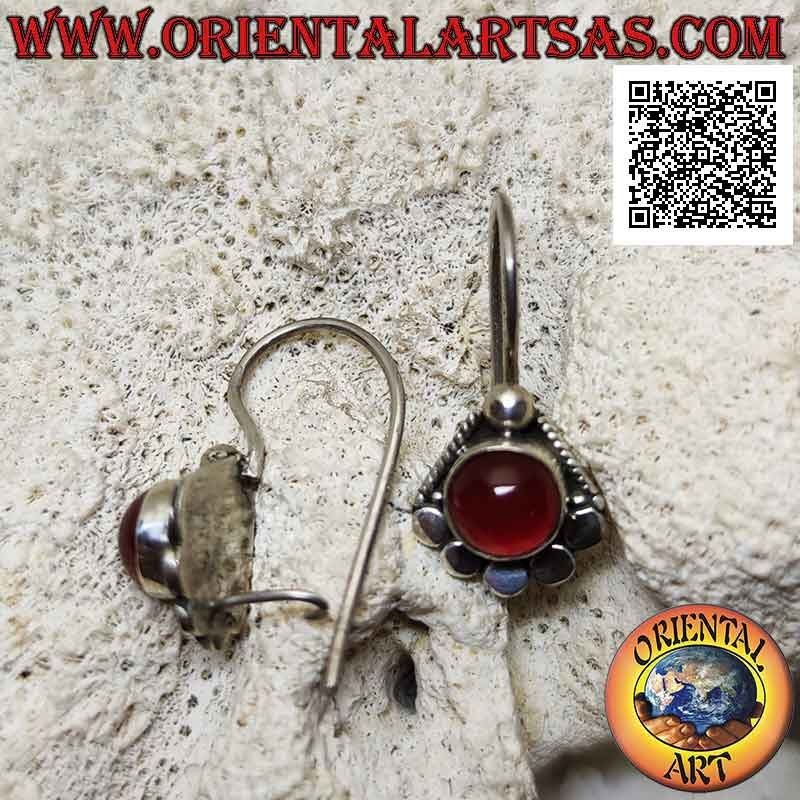 Silver earrings with round cabochon carnelian surrounded by studs below and ball above