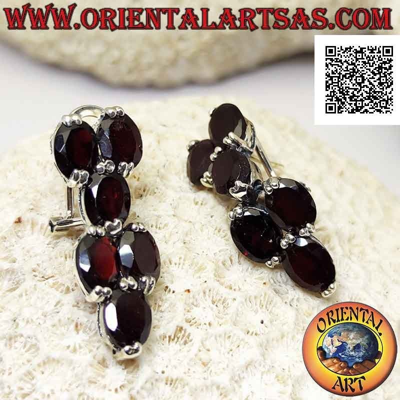 Silver earrings with six faceted oval garnets set alternating with 2 and 1
