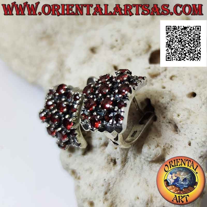 Silver earrings, curved rectangle and rhombus overlaid with small and large round garnets