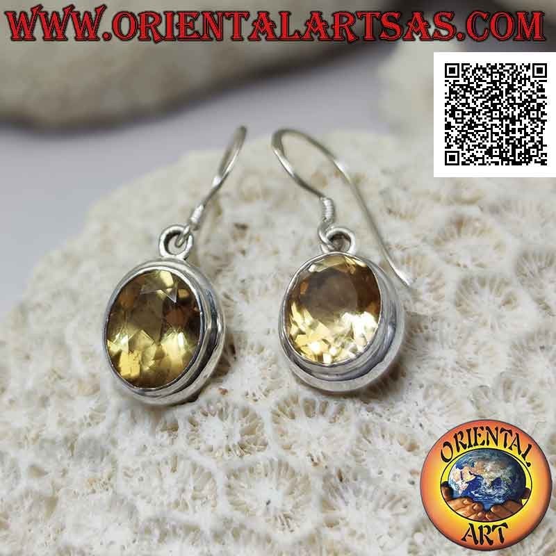 Boucles d'oreilles en argent avec topaze citrine ovale facettée sur monture lisse à double bord arrondi