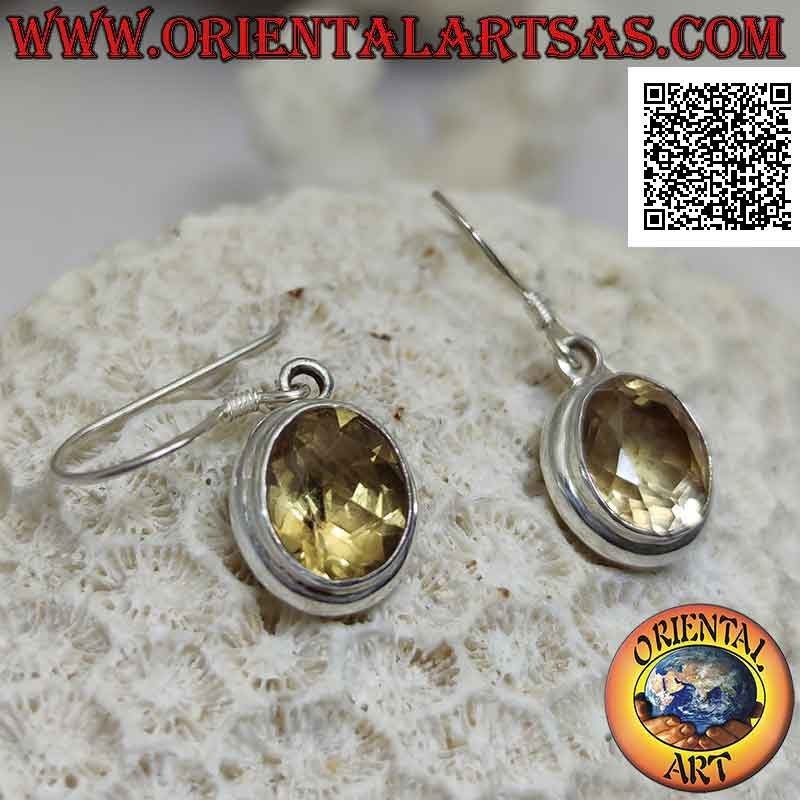 Silver leverback earrings with faceted oval citrine topaz on smooth frame with double rounded edge