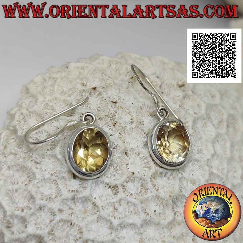 Silver leverback earrings with faceted oval citrine topaz on smooth frame with double rounded edge