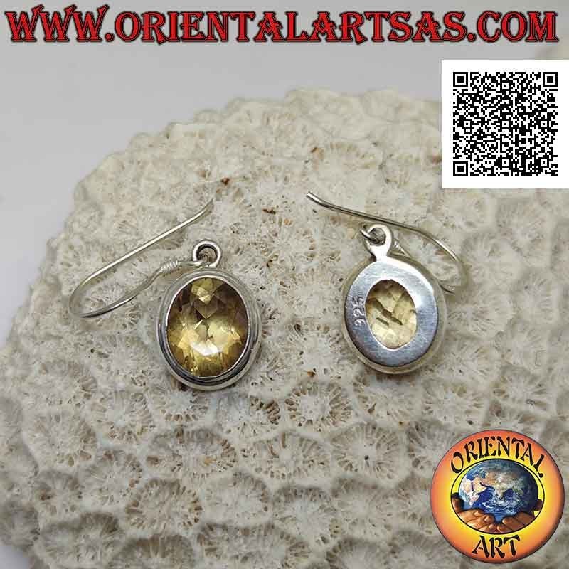Silver leverback earrings with faceted oval citrine topaz on smooth frame with double rounded edge