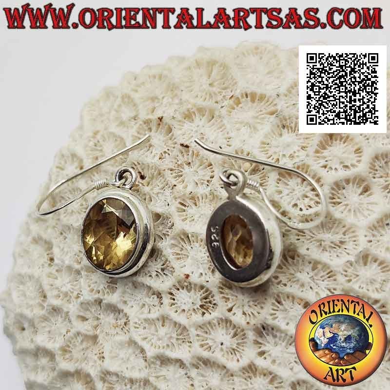 Silver leverback earrings with faceted oval citrine topaz on smooth frame with double rounded edge