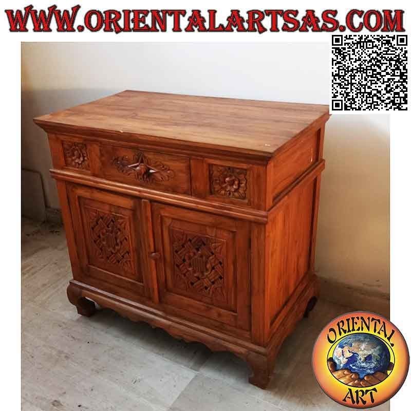 Buffet avec 2 portes et 1 tiroir avec décorations florales sculptées à la main en bois de teck