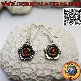 Boucles d'oreilles pendantes en argent en forme de fleur avec grand cabochon rond ambre