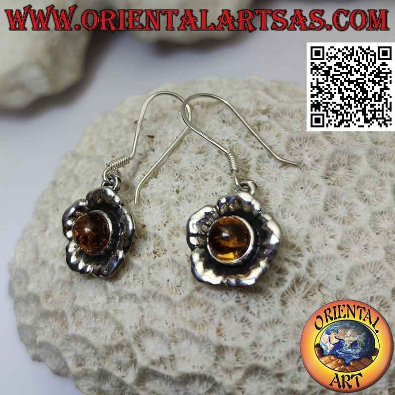 Silver pendant earrings in the shape of a flower with large round cabochon amber