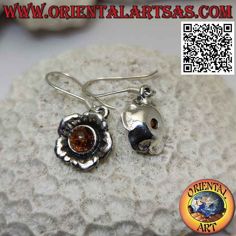 Silver pendant earrings in the shape of a flower with large round cabochon amber