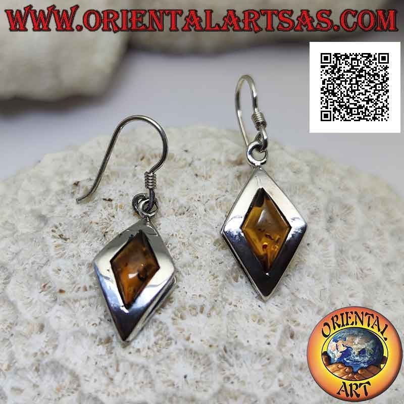 Silver leverback earrings with rhomboidal amber surrounded by a thick smooth edge