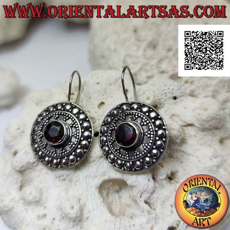 Silver shield earrings with faceted round garnet and ethnic decoration of balls and studs