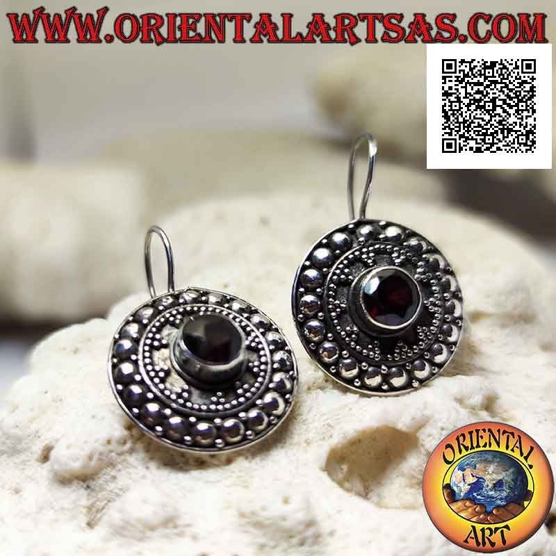 Silver shield earrings with faceted round garnet and ethnic decoration of balls and studs