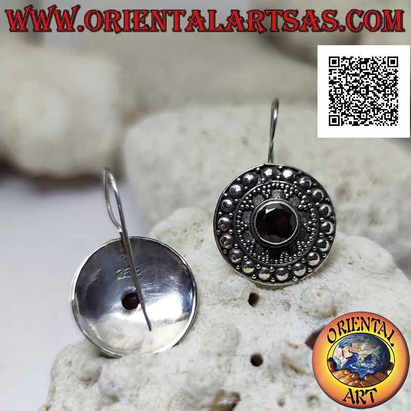 Silver shield earrings with faceted round garnet and ethnic decoration of balls and studs