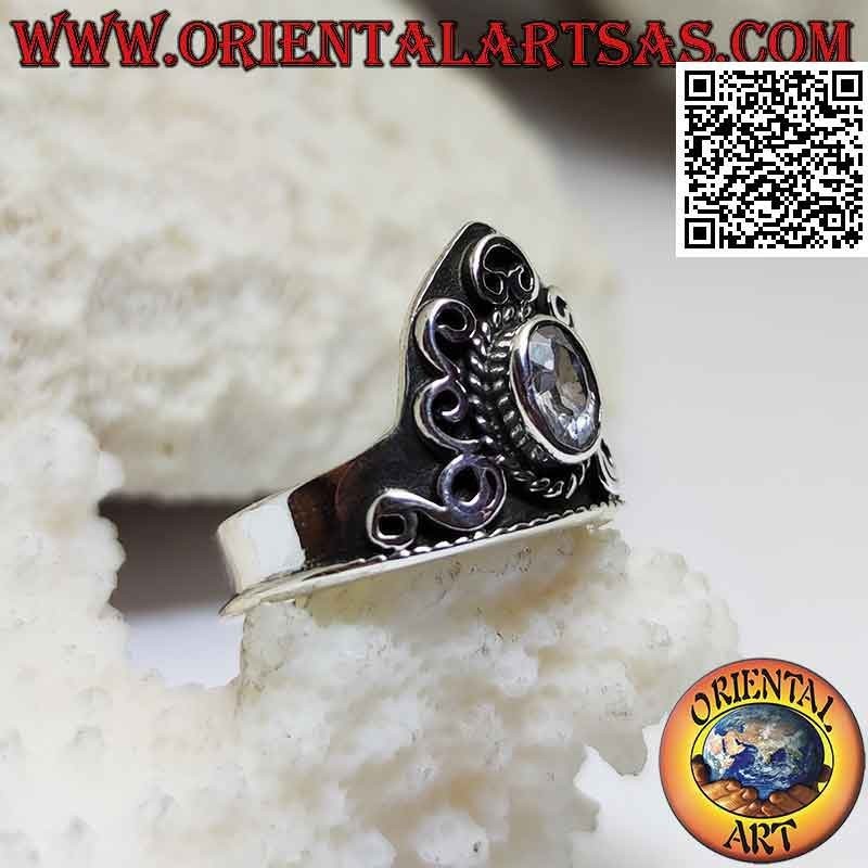 Anello in argento a corona con zircone ovale e decorazioni in rilievo (regolabile)