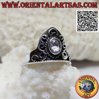 Bague couronne en argent avec zircon ovale et décorations en relief (ajustable)