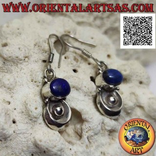 Silver leverback earrings with horizontal lapis lazuli and semicircle with ball underneath