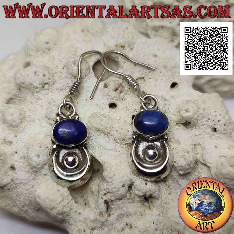 Boucles d'oreilles en argent avec lapis-lazuli horizontal et demi-cercle avec boule en dessous