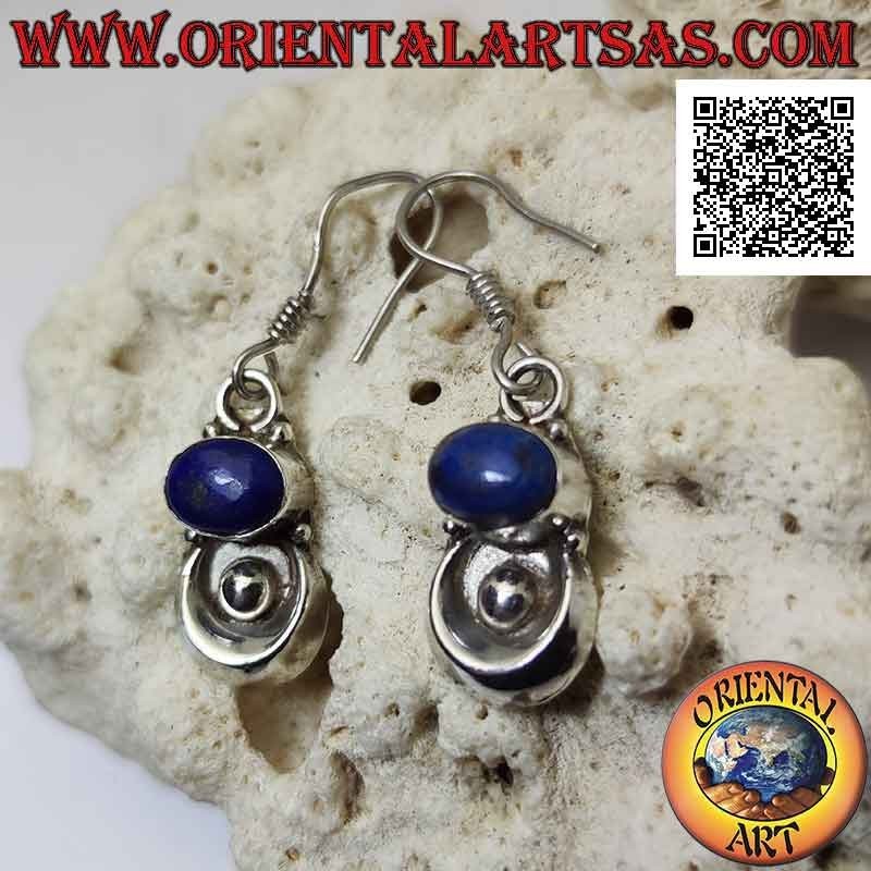 Silver leverback earrings with horizontal lapis lazuli and semicircle with ball underneath