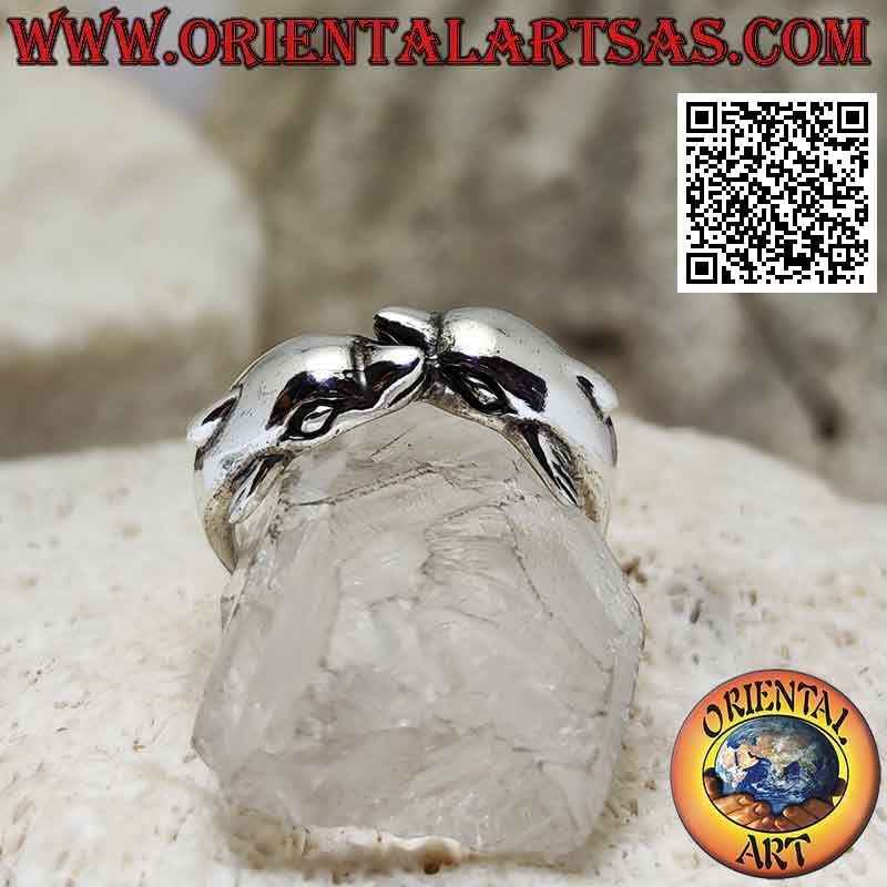 Bague en argent, paire de dauphins avec nageoire au dos enveloppant dans le sens inverse