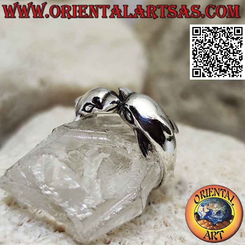 Anillo de plata, pareja de delfines con aleta en la espalda que envuelve en sentido contrario