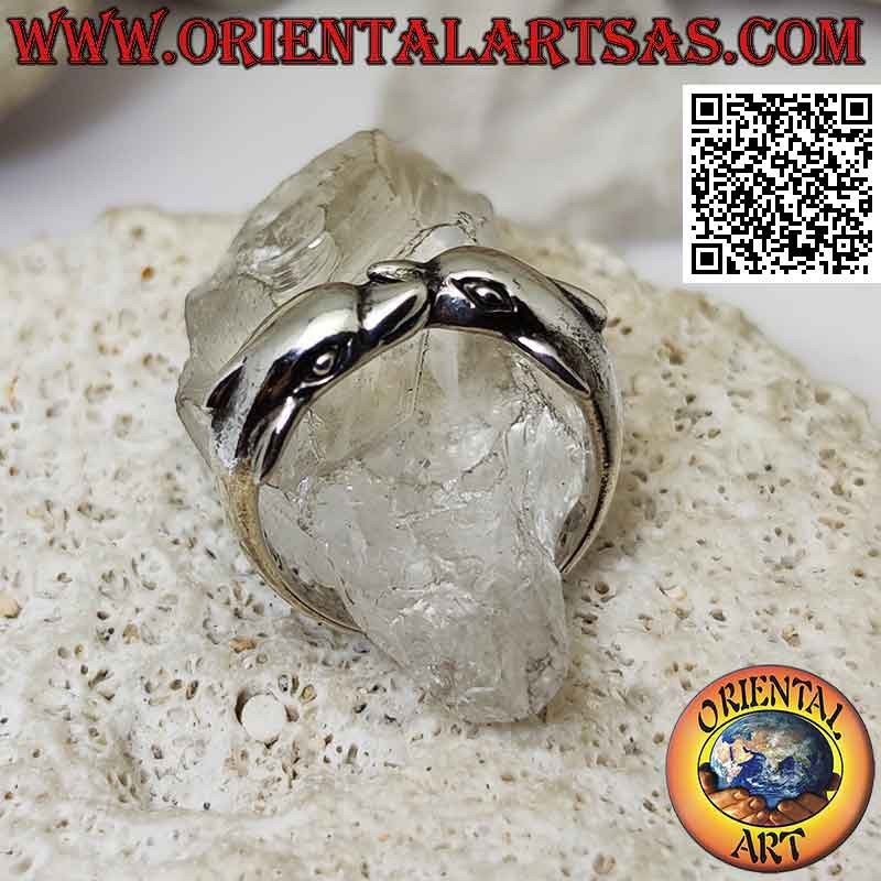 Bague en argent, paire de dauphins avec nageoire au dos enveloppant dans le sens inverse