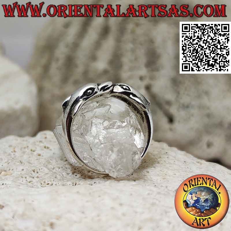 Anello in argento, coppia di delfini con pinna sul dorso avvolgenti in verso opposto
