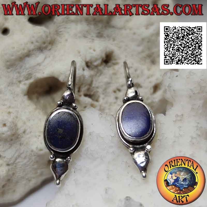 Orecchini in argento a monachella con lapislazzulo ovale su montatura liscia con piastrina sopra e sotto