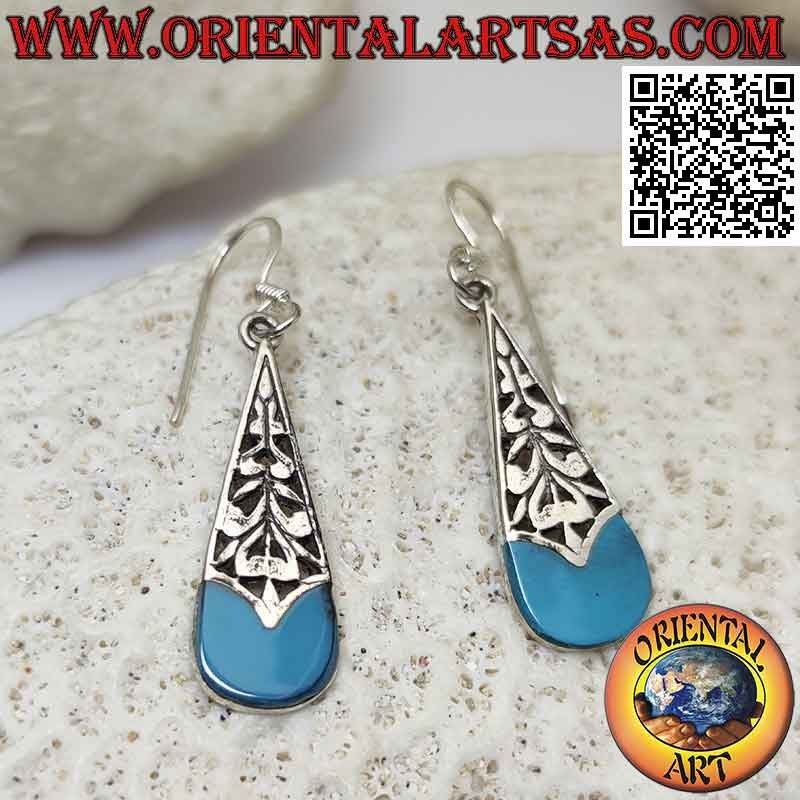 Drop-shaped silver drop earrings half in turquoise and half pierced
