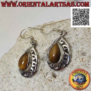 Boucles d'oreilles en argent avec oeil de tigre en forme de larme entourées d'un décor lisse perforé