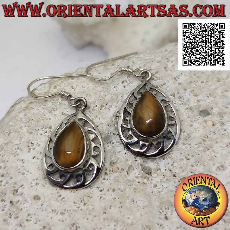 Silver leverback earrings with teardrop tiger eye surrounded by smooth perforated decoration