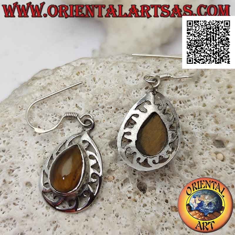 Silver leverback earrings with teardrop tiger eye surrounded by smooth perforated decoration