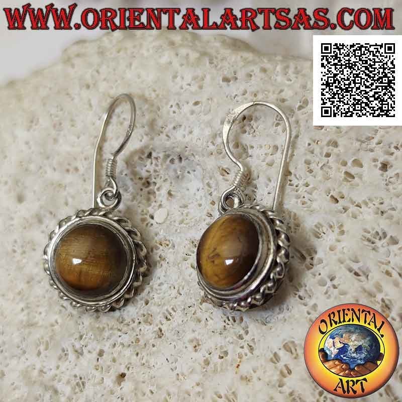 Silver leverback earrings with cabochon round tiger's eye surrounded by a helical line