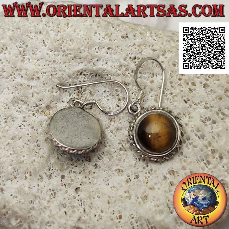 Silver leverback earrings with cabochon round tiger's eye surrounded by a helical line