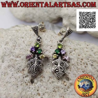 Silver lobe earrings with 5 multicolor zircons set and leaf studded with marcasite