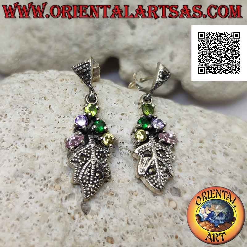 Silver lobe earrings with 5 multicolor zircons set and leaf studded with marcasite